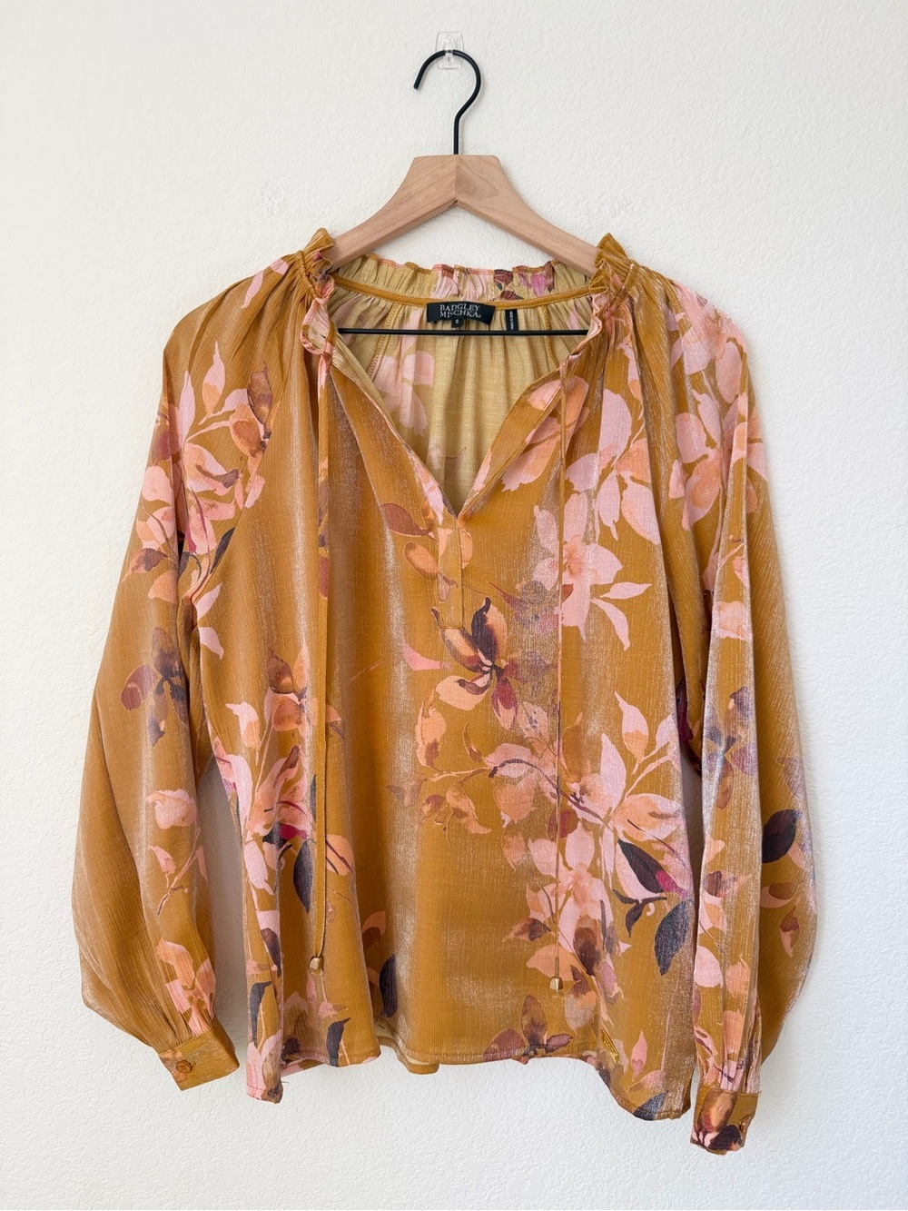 Badgley Mischka Mustard Floral Tie Ruffle Neck Peasant Blouse Size Small - Picture 2 of 15